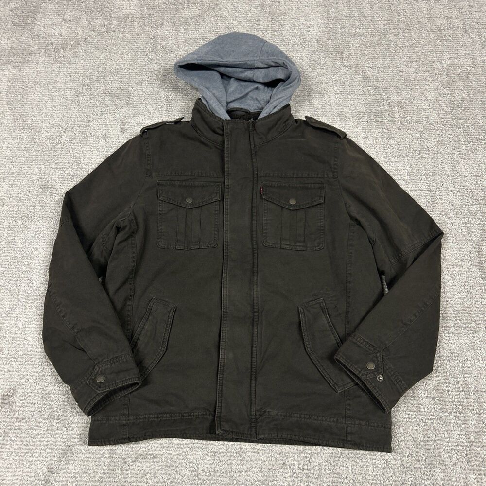 Levis Military Trucker Jacket Mens Medium Sherpa Lined Brown Removable Hood